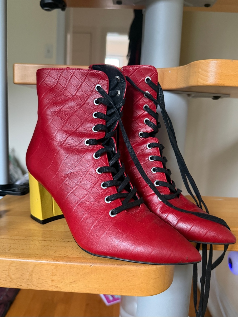 Red Lace-Up Ankle Boots with Gold Block Heel